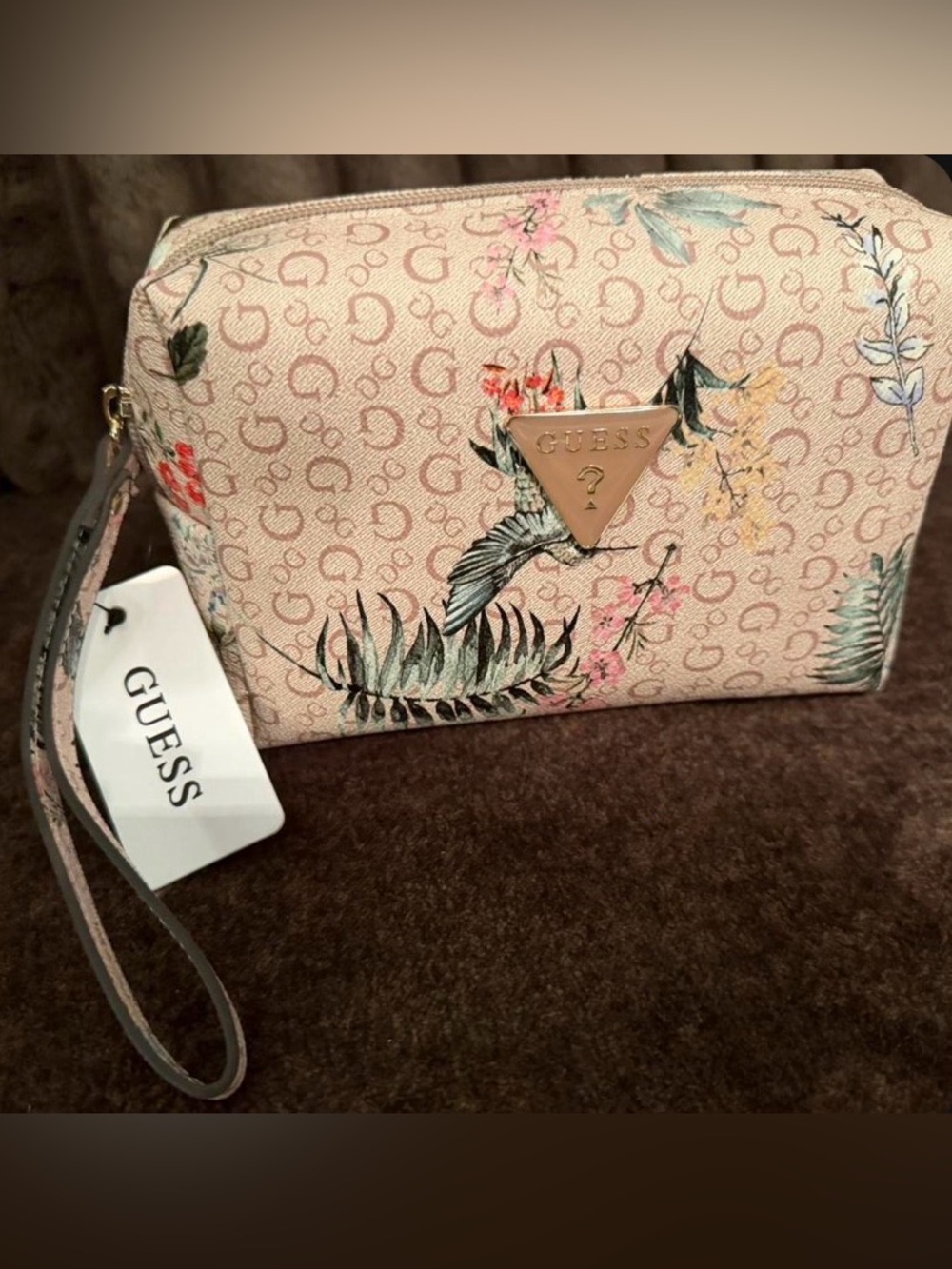 GUESS Pink Floral Logo Makeup Bag